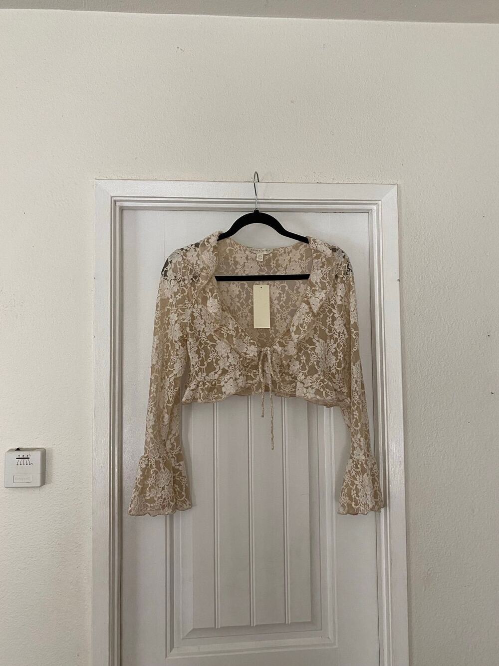 NWT Thirty Thirty Floral Lace Bell Sleeve Crop Top V Neck Champagne Size M